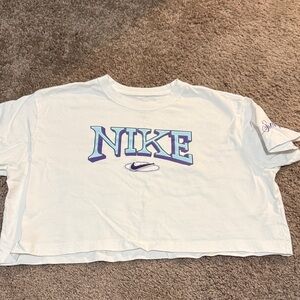 Nike White and Blue Graphic Cropped Tee